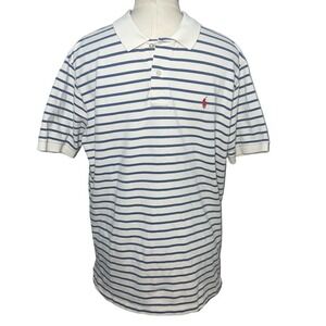Polo Ralph Lauren Mens White Blue Striped Cotton Pique Polo Shirt Red Pony Logo